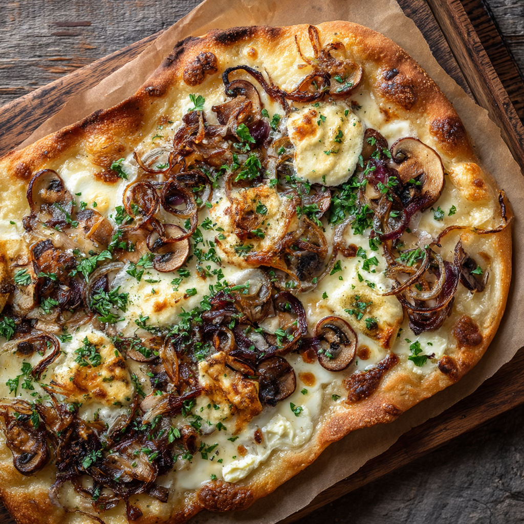 A pizza with mushrooms and onions on it.