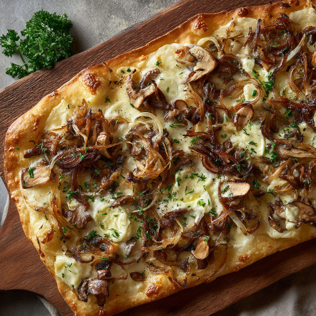 A pizza with mushrooms and onions on it.