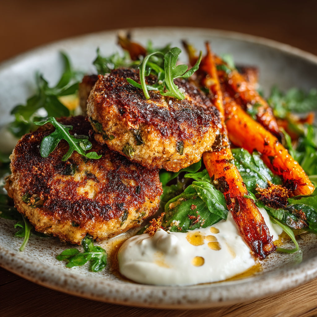 A plate of food with a white sauce on top.