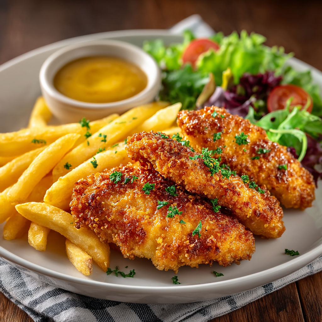 A plate of fried chicken and french fries.