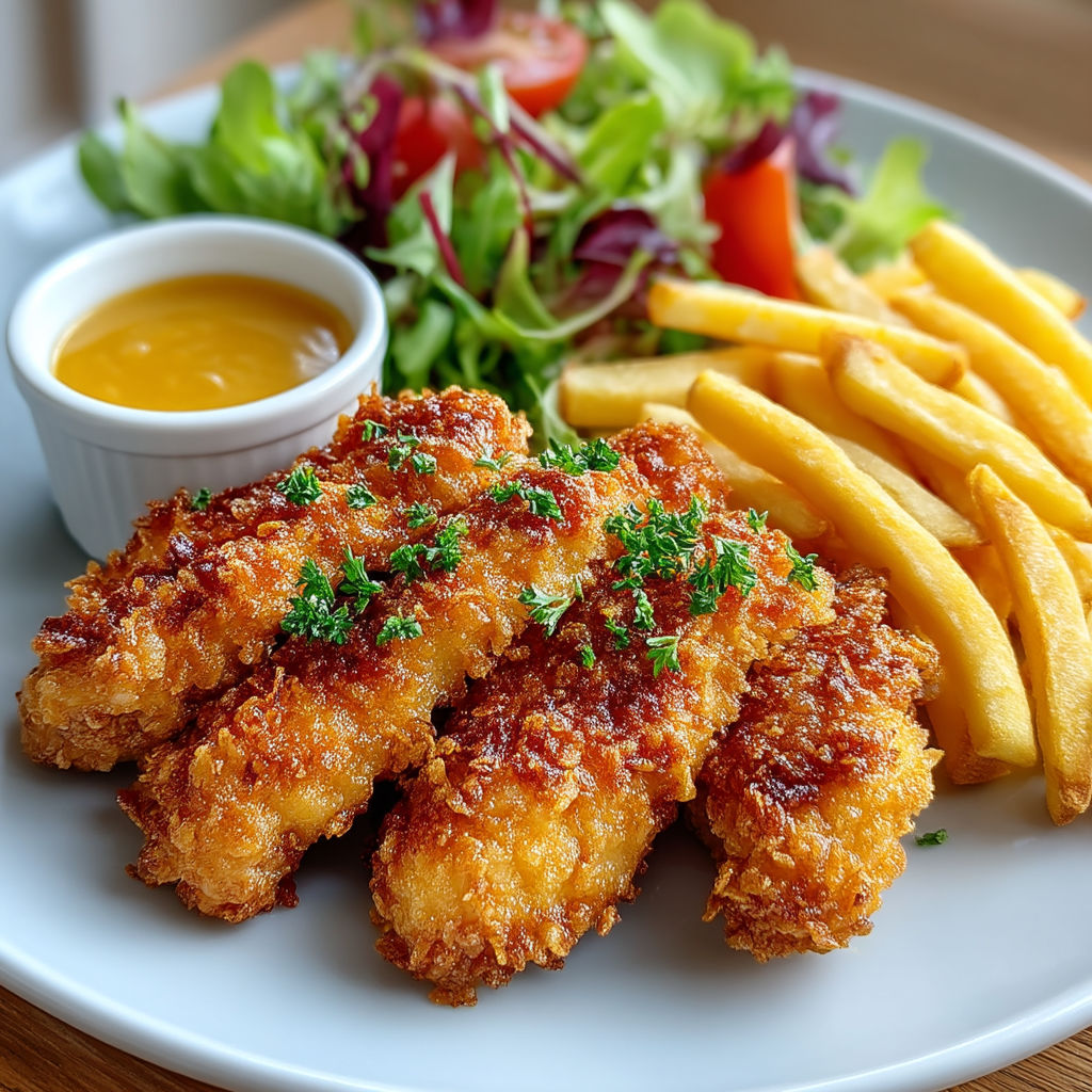A plate of food with fried chicken and fries.