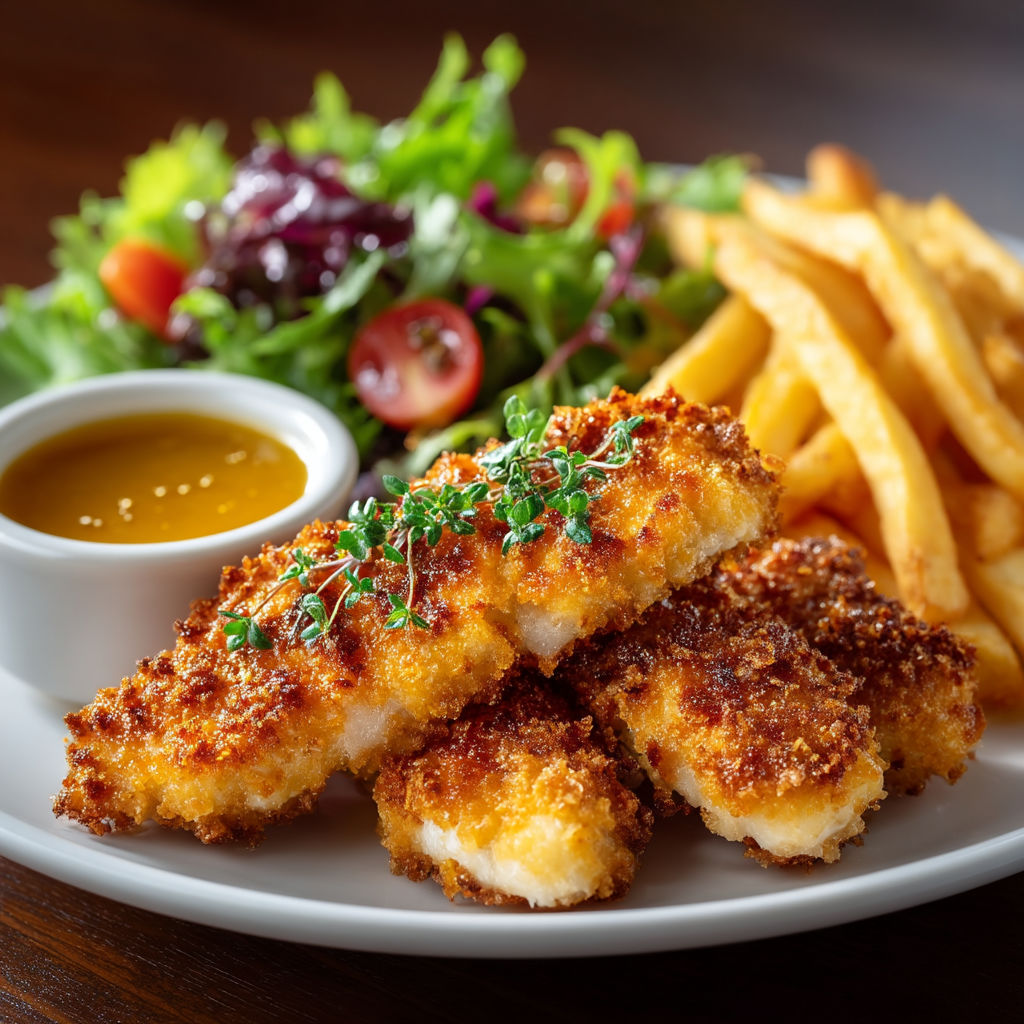 A plate of food with french fries and chicken.