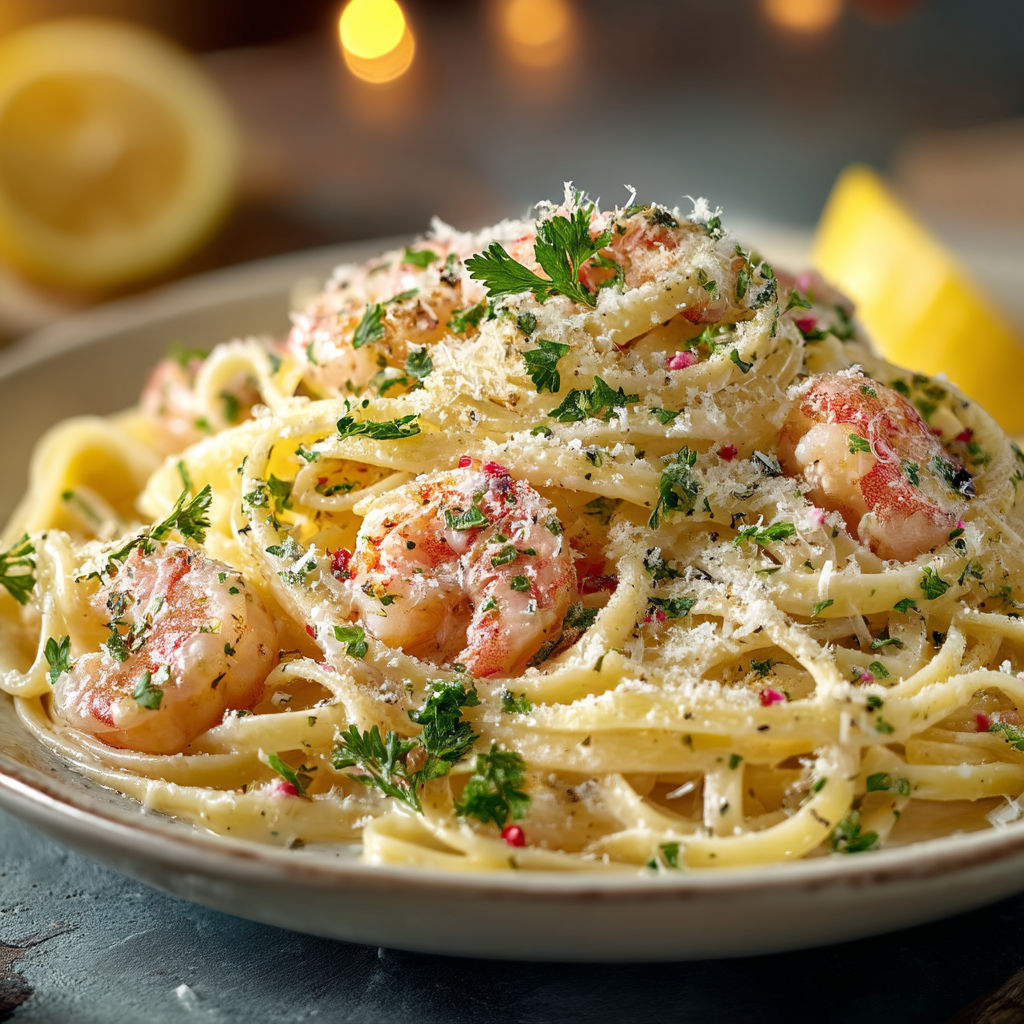 A plate of pasta with shrimp on top.