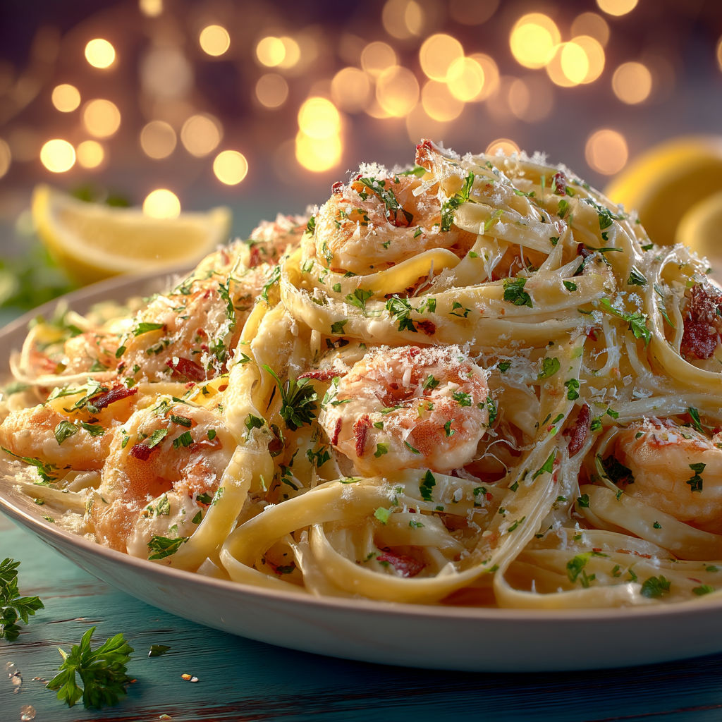A plate of linguine with shrimp and cheese.