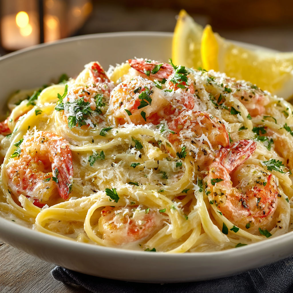 A bowl of shrimp and pasta.