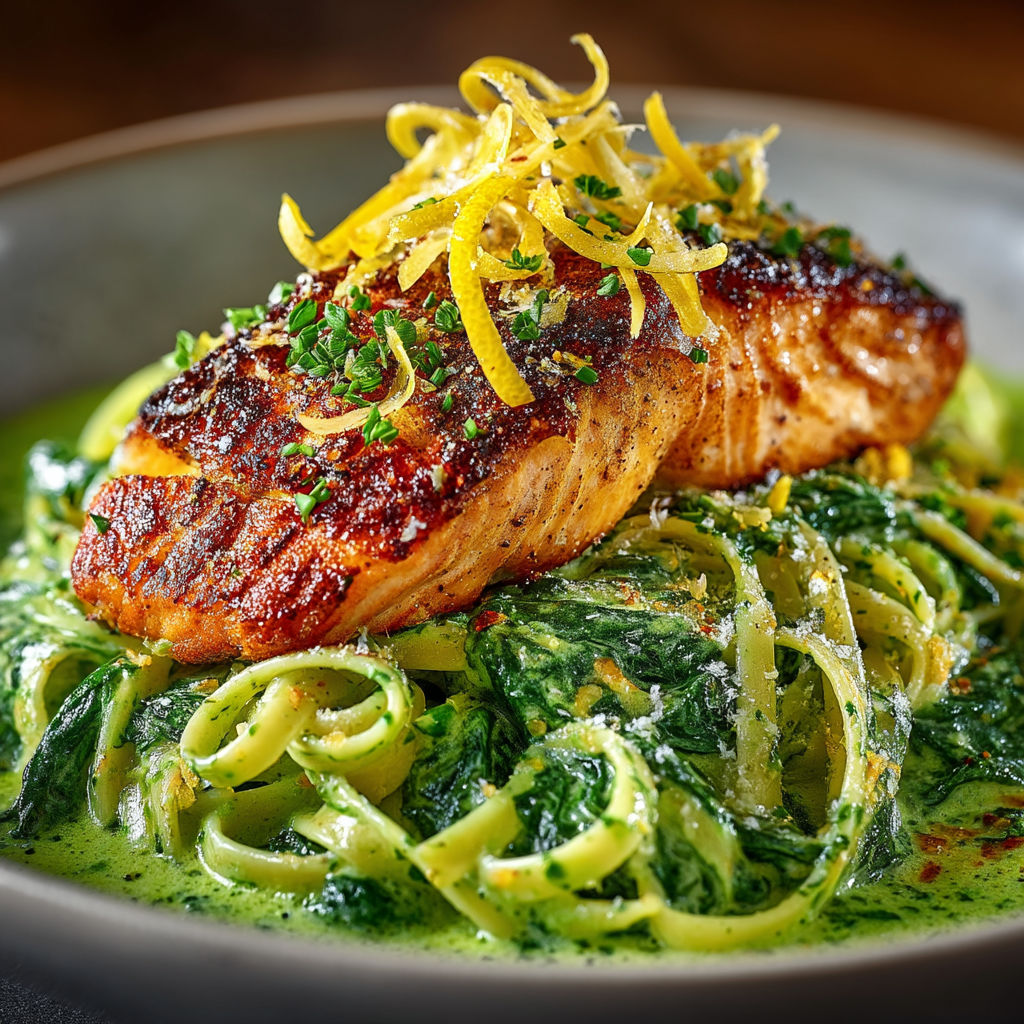 A plate of food with a salmon on top.