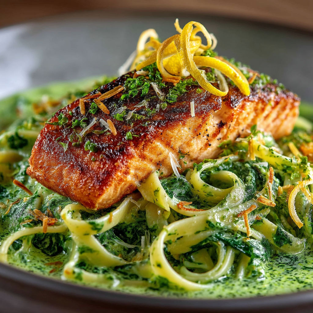 A plate of linguine with a piece of fish on top.
