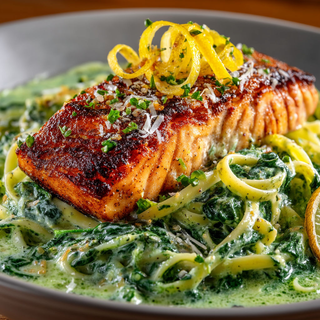 A plate of linguine with salmon and spinach.