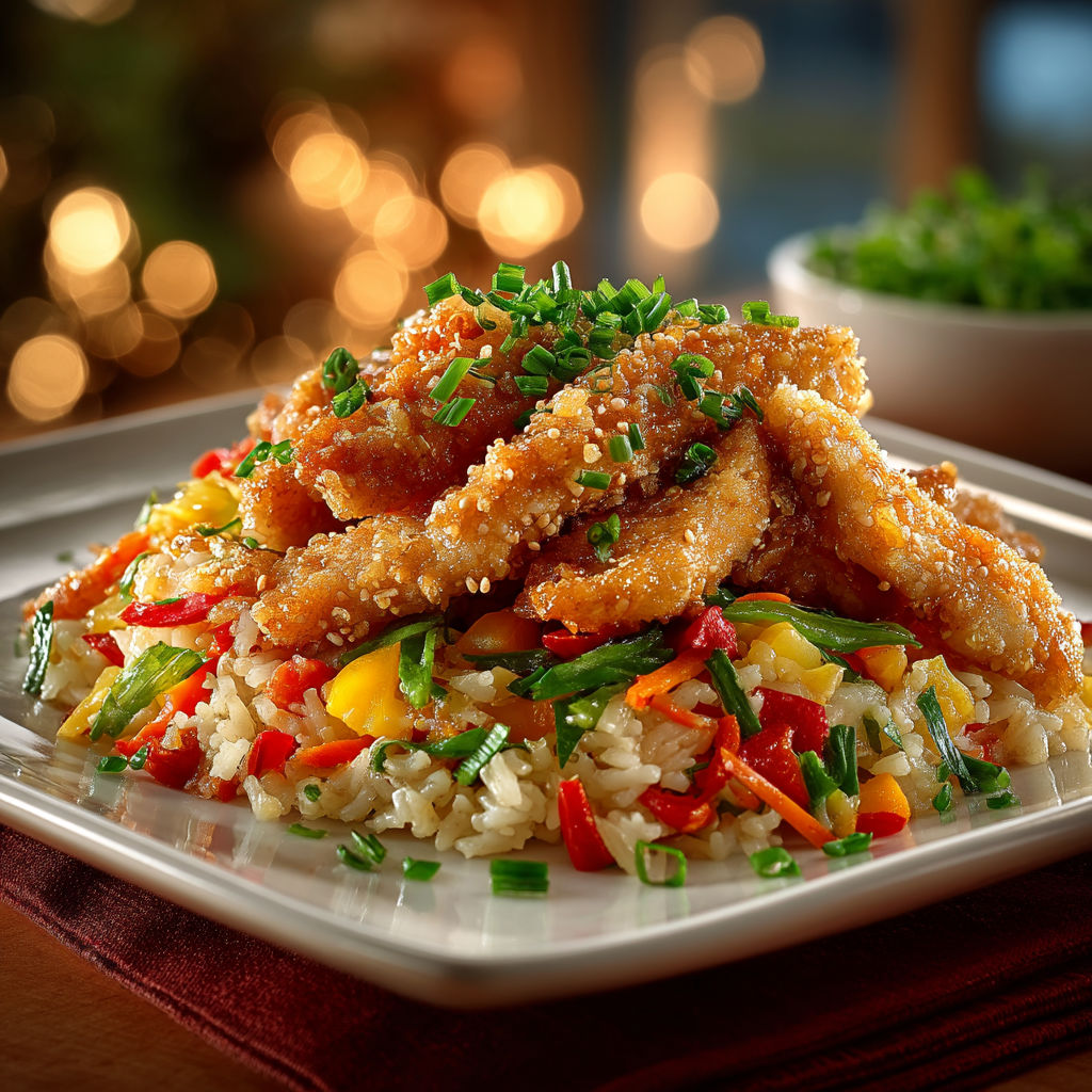 A plate of food with rice and chicken.