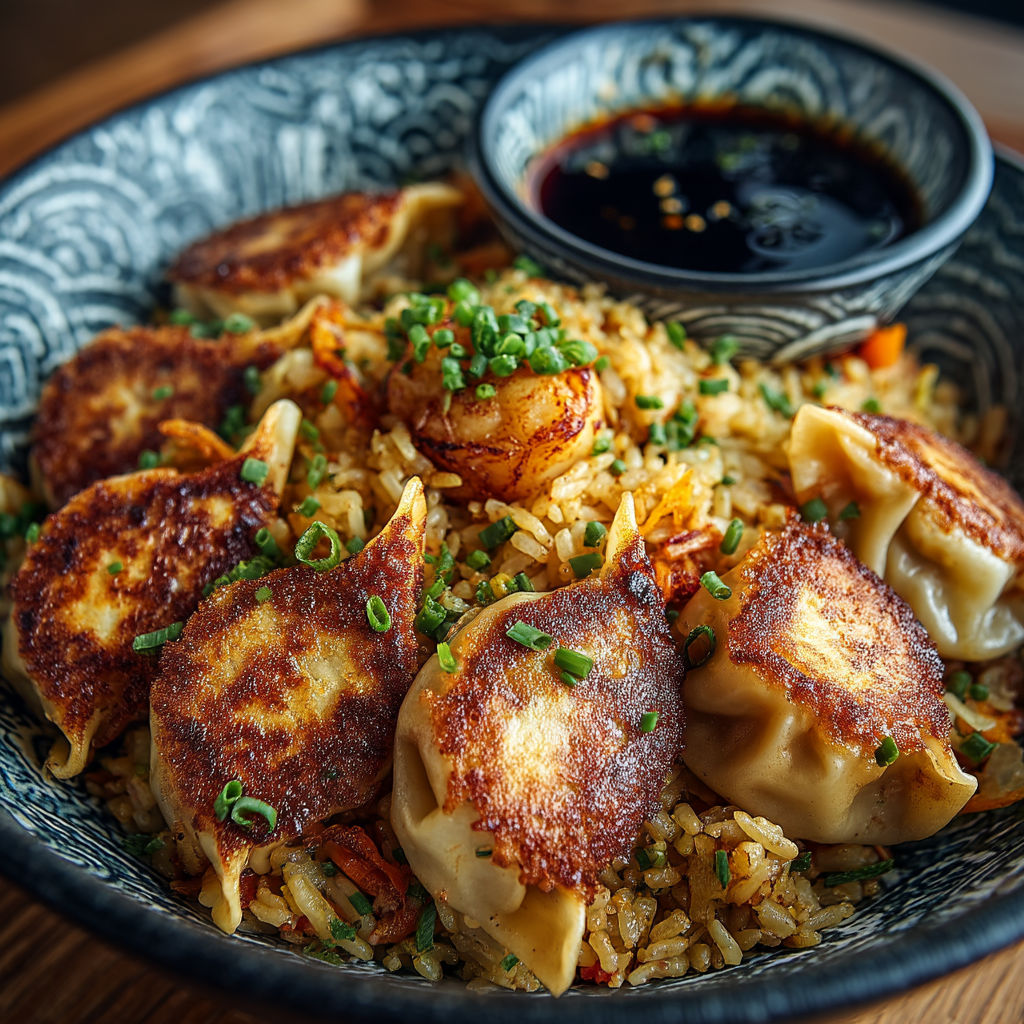 A bowl of food with rice, shrimp, and vegetables.