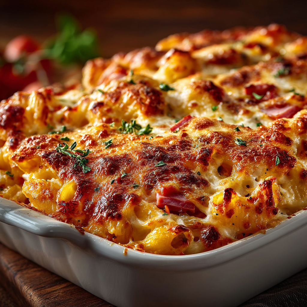 A white bowl filled with a casserole dish.