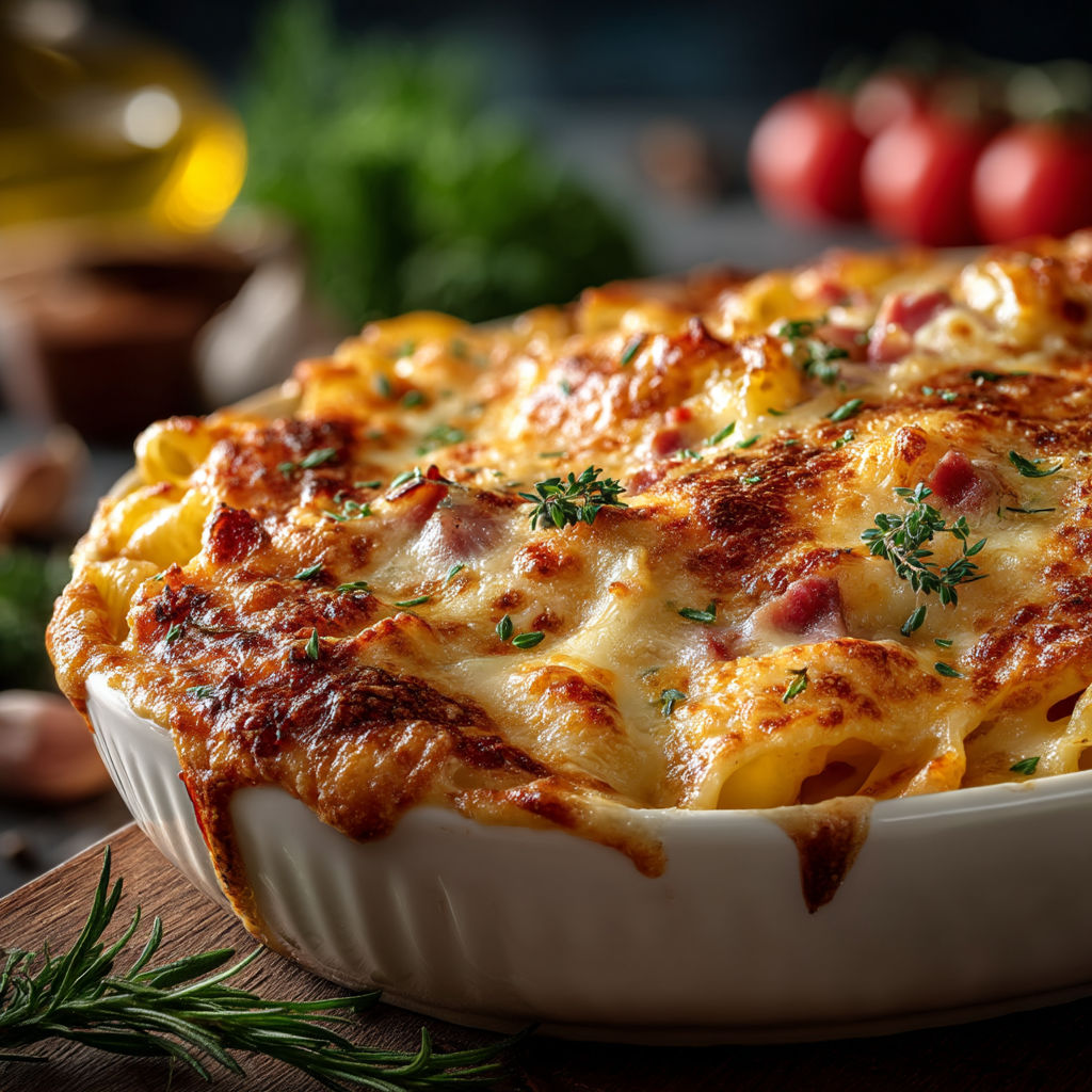 A white bowl filled with a cheesy dish.