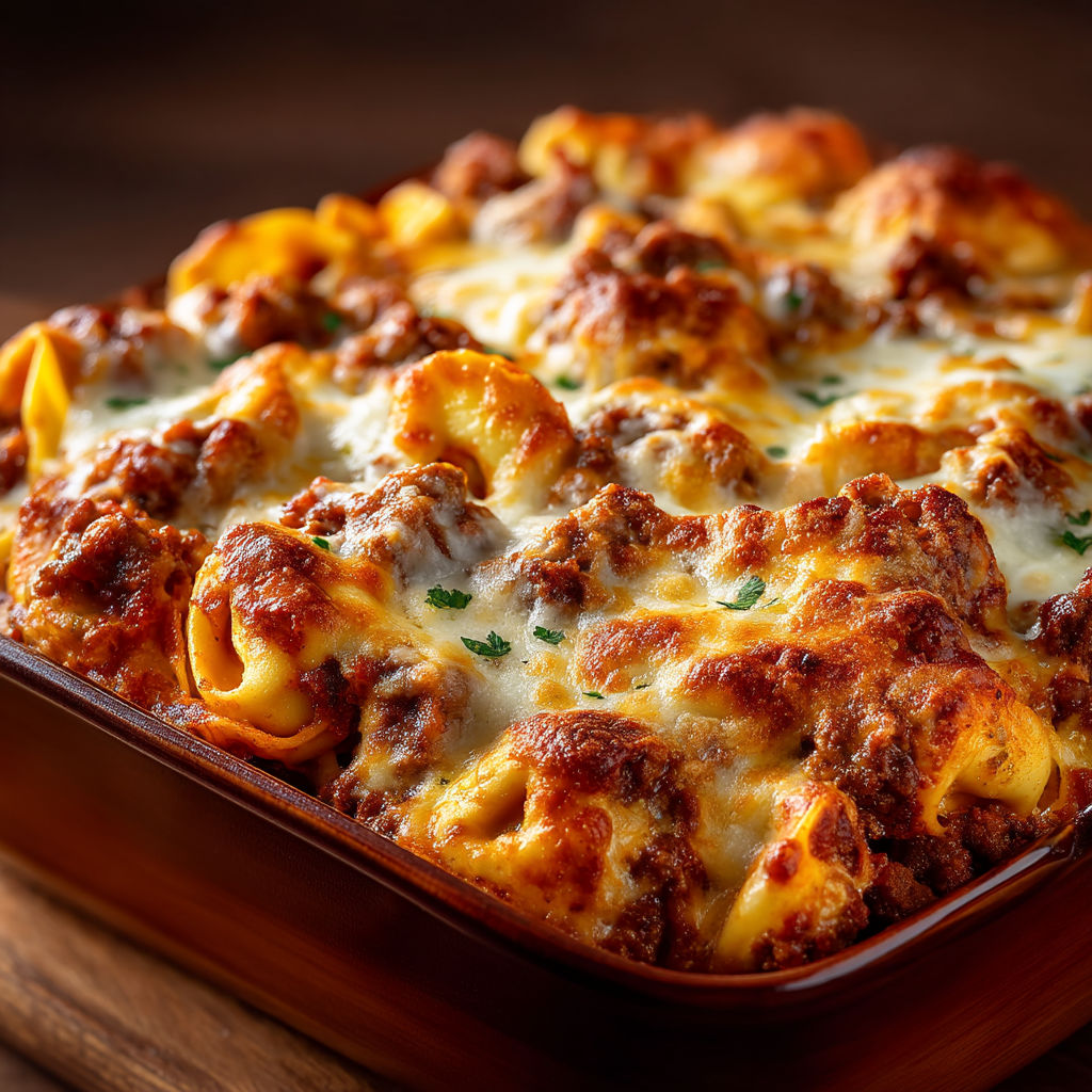 A dish of pasta with meat and cheese.