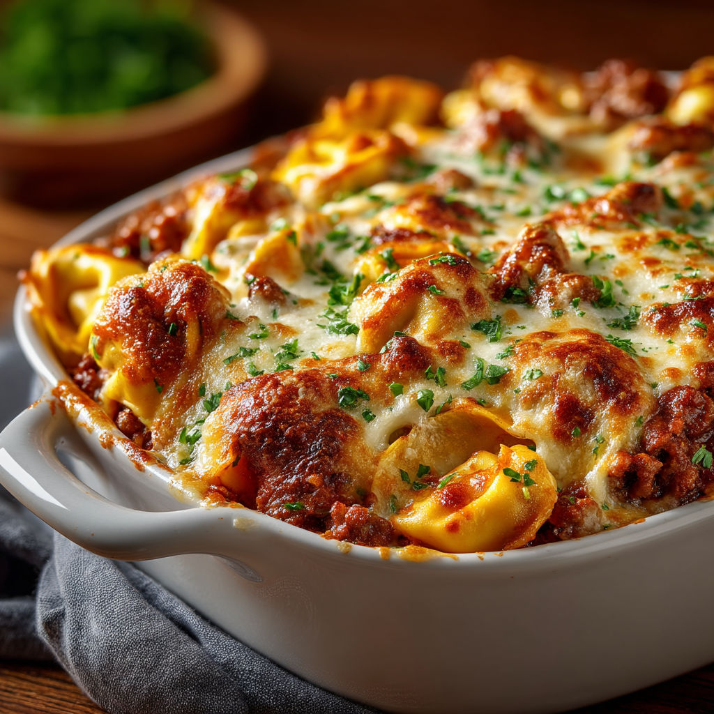 A bowl of pasta with meat and cheese.