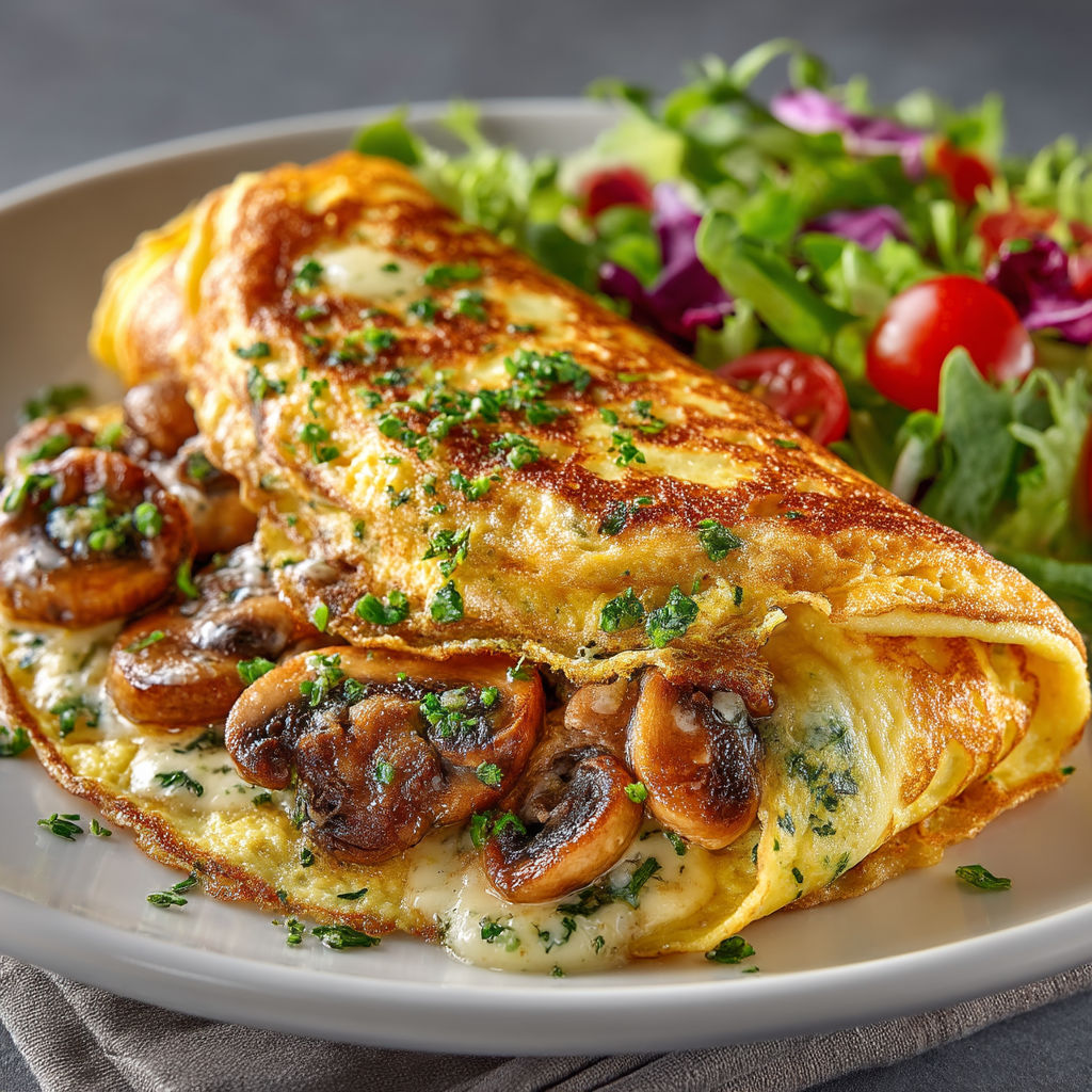 A plate of food with a mushroom omelette.