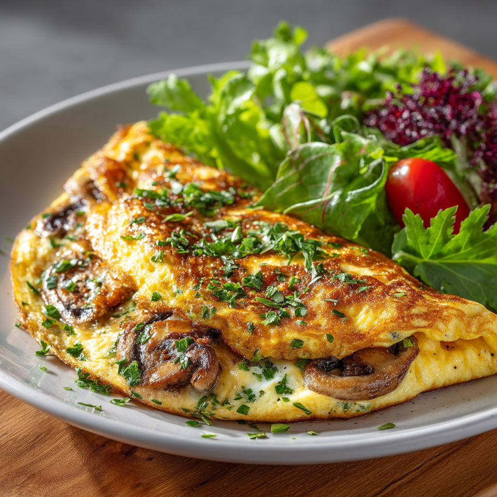 A plate of food with a fried egg, mushrooms, and lettuce.