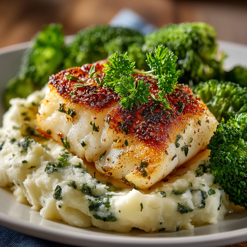 A plate of food with fish, potatoes, and broccoli.