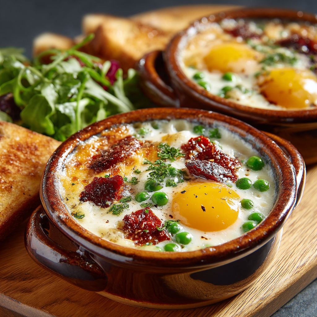 A bowl of eggs and peas.