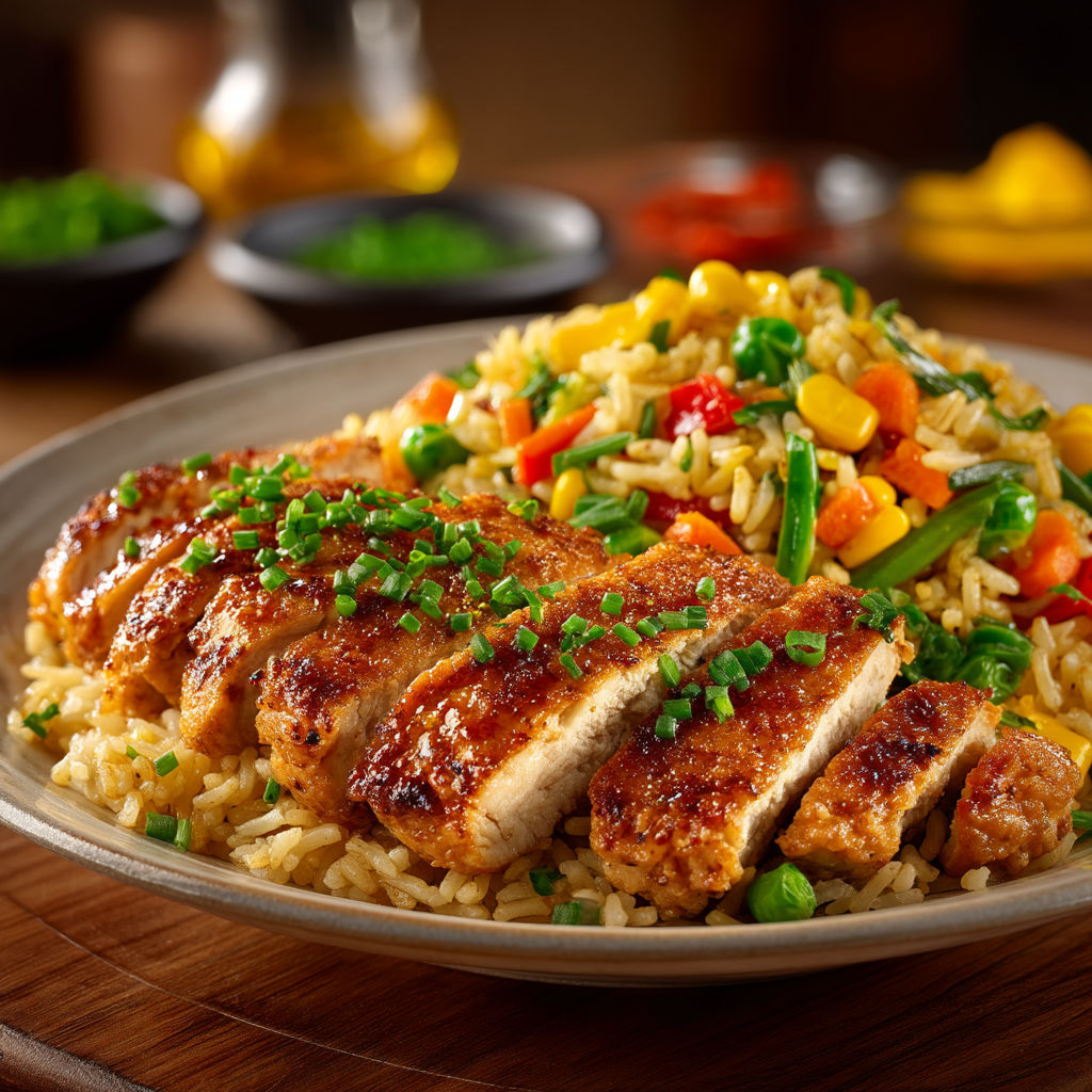 A plate of food with rice and chicken.