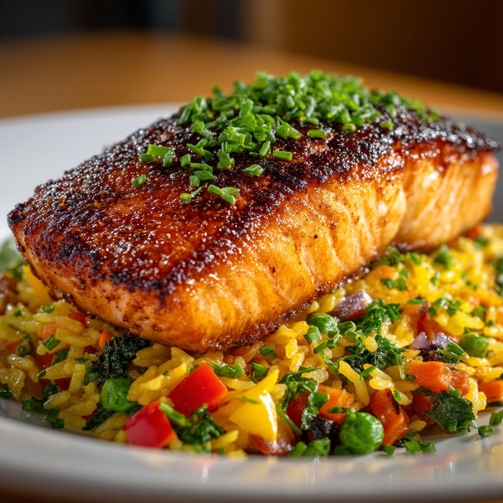 A plate of food with a piece of fish on top.