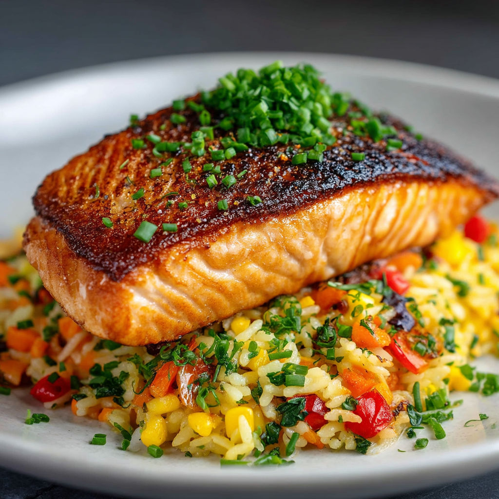A plate of food with a piece of fish and rice.