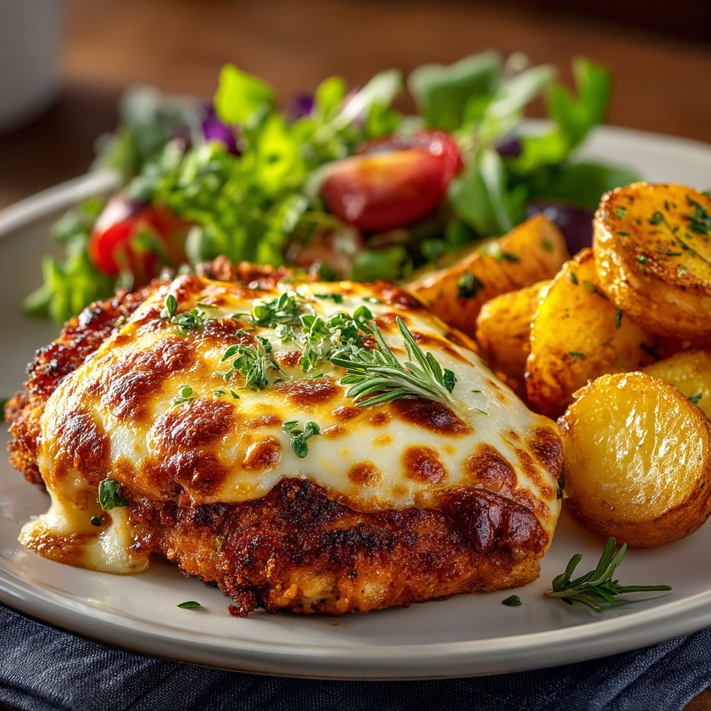 A plate of food with a chicken breast, potatoes, and salad.