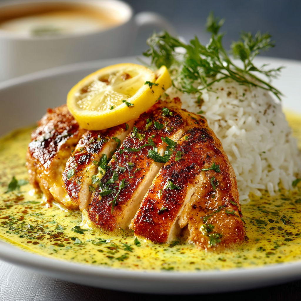 A plate of food with chicken, rice, and lemon.