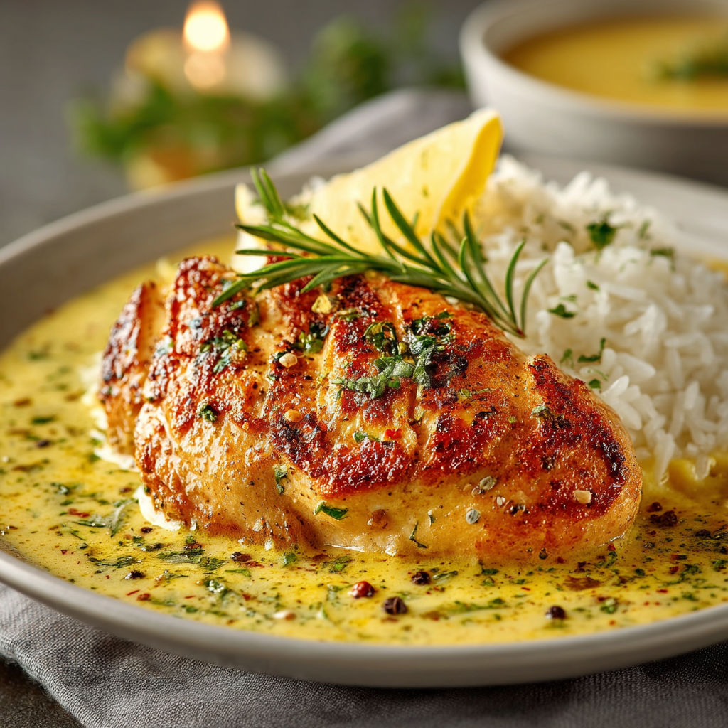 A plate of food with chicken, rice, and herbs.