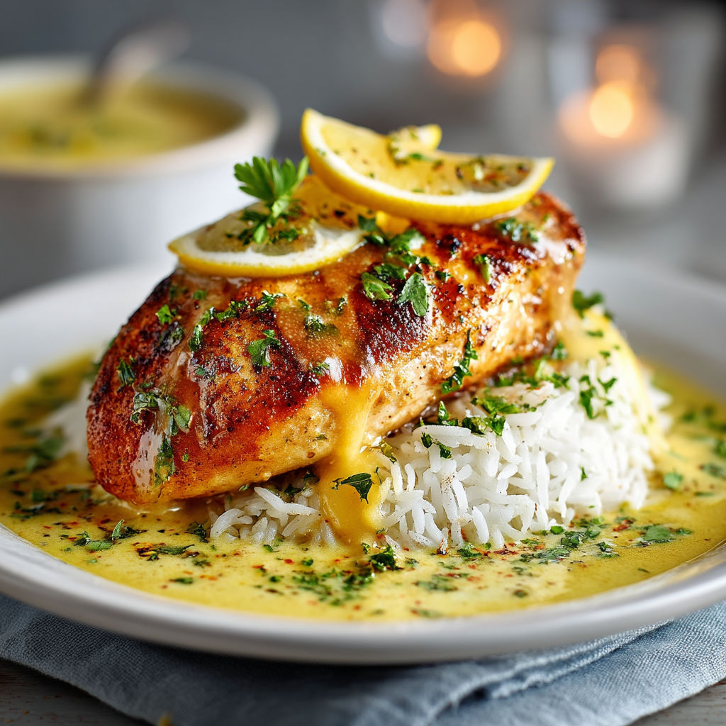 A plate of food with chicken, rice, and lemon.