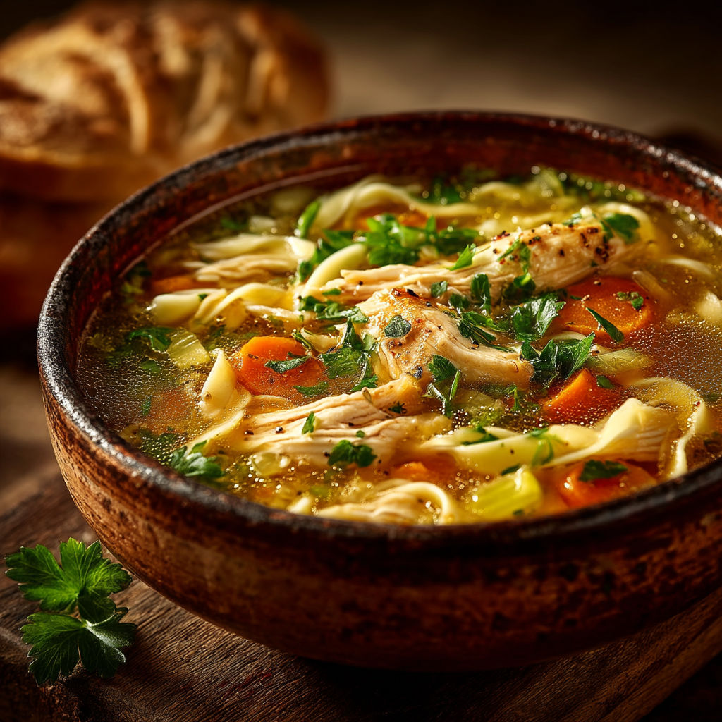 A bowl of soup with chicken and vegetables.