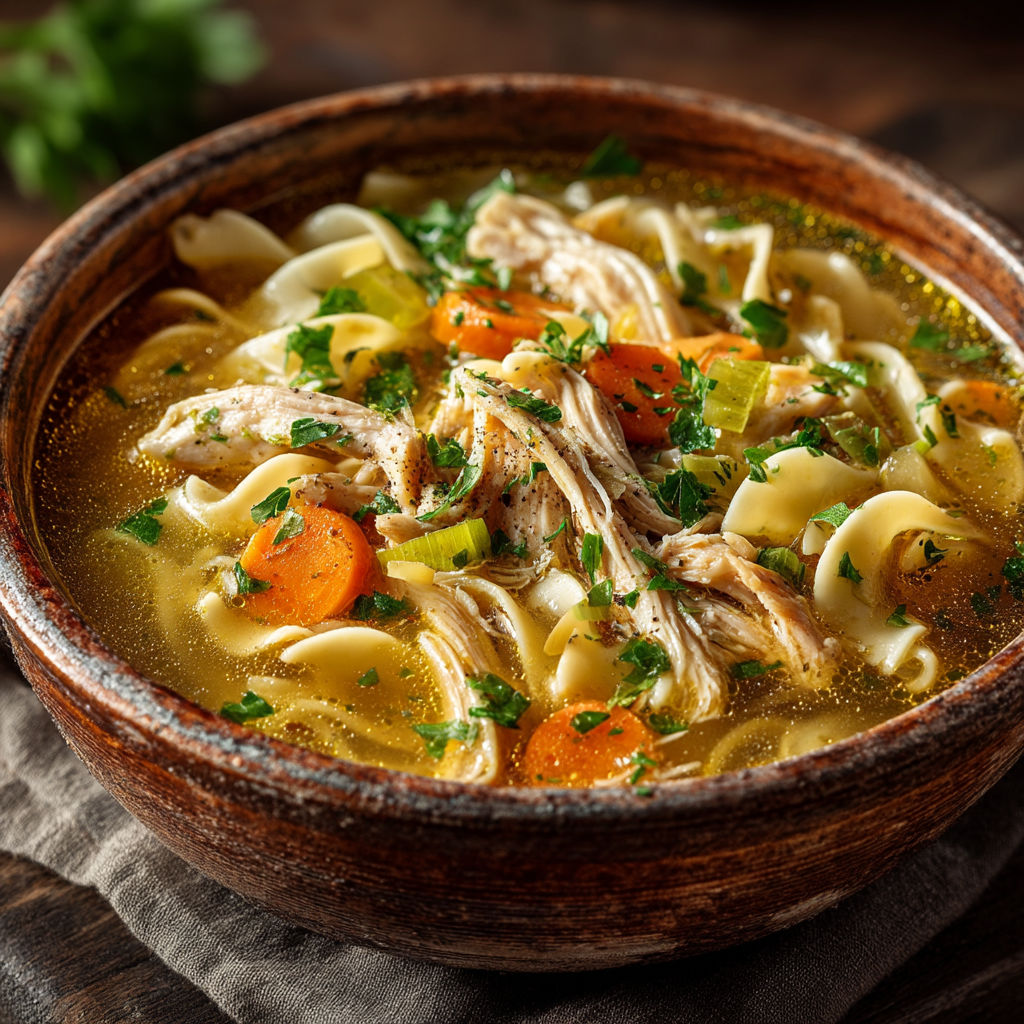 A bowl of soup with chicken and vegetables.