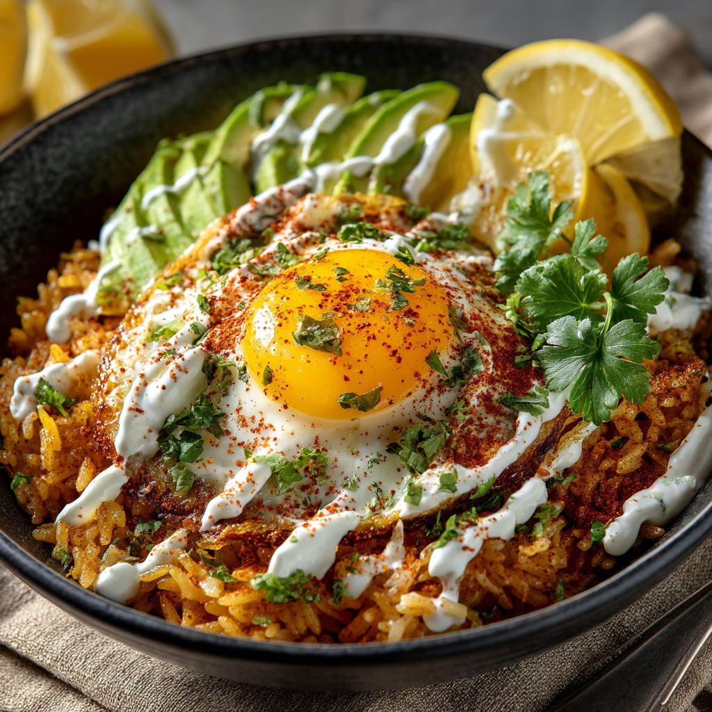 A bowl of food with a fried egg on top.