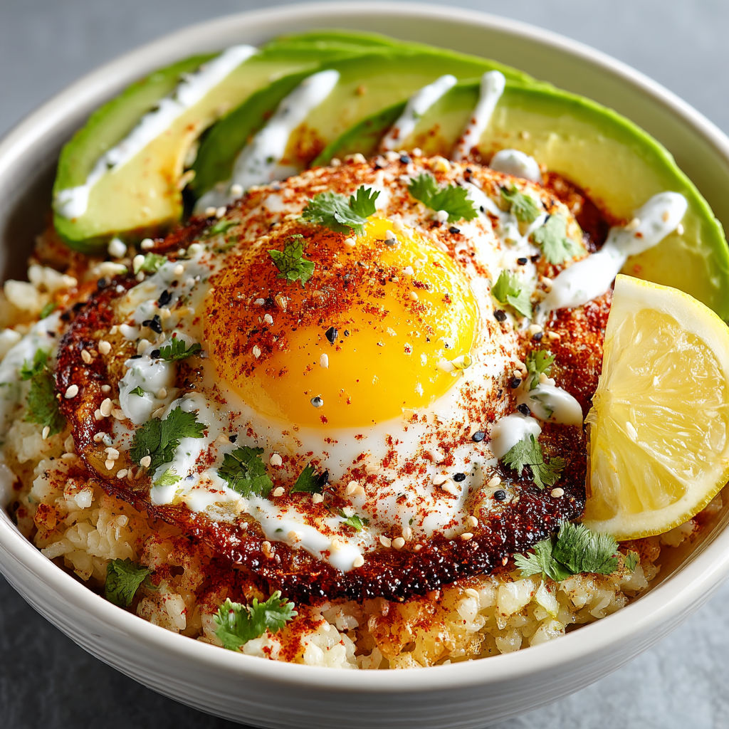 A bowl of food with a fried egg on top.