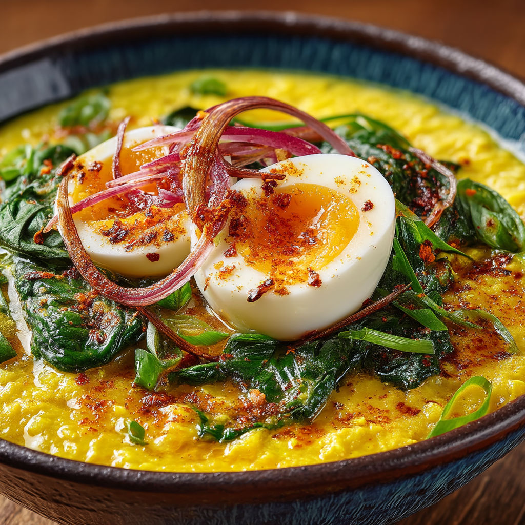 A bowl of curry with eggs and spinach.