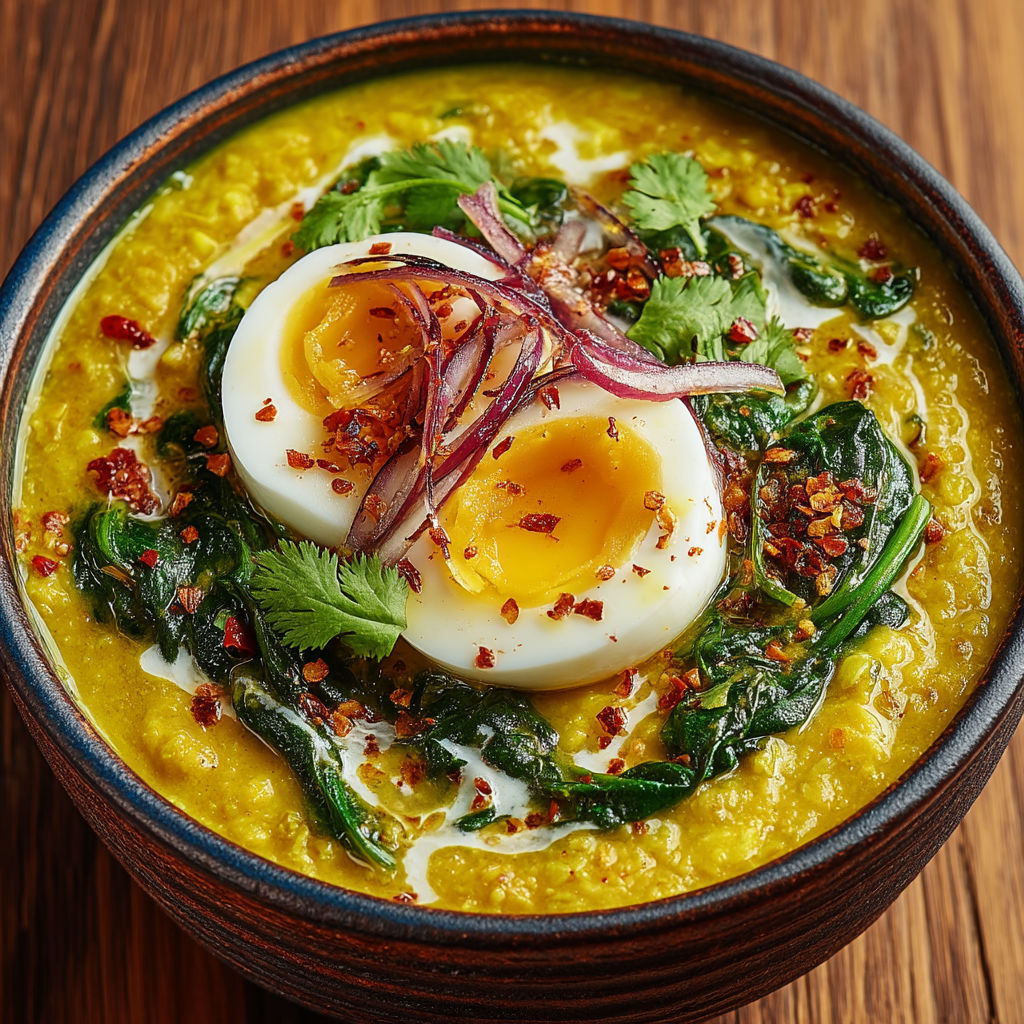 A bowl of soup with an egg on top.