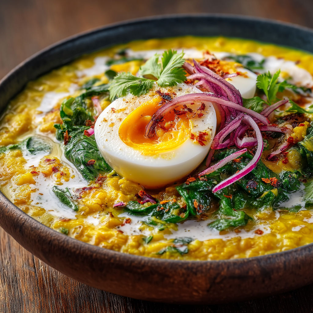 A bowl of soup with a fried egg on top.