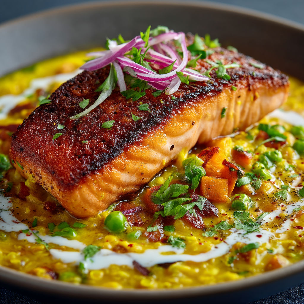 A plate of food with a salmon fillet on top.