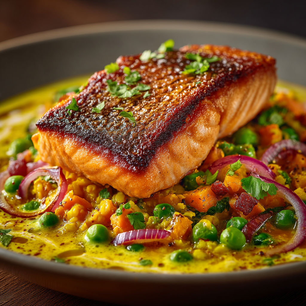 A close up of a piece of fish with a green garnish.