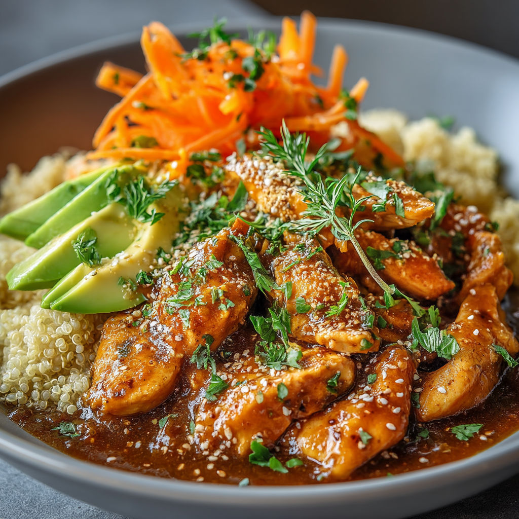 A bowl of chicken with rice and vegetables.