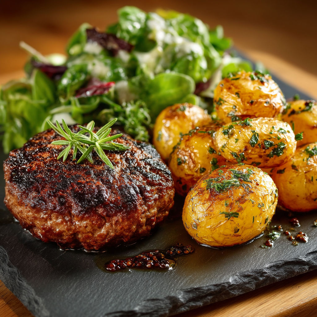 A plate of food with a steak haché, potatoes and salad.