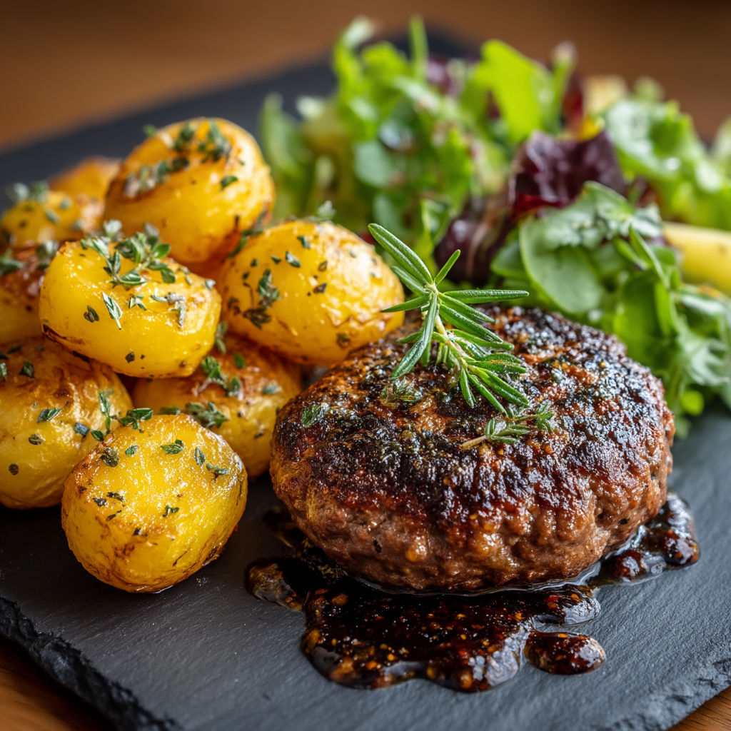 A plate of food with a meat patty, potatoes, and salad.