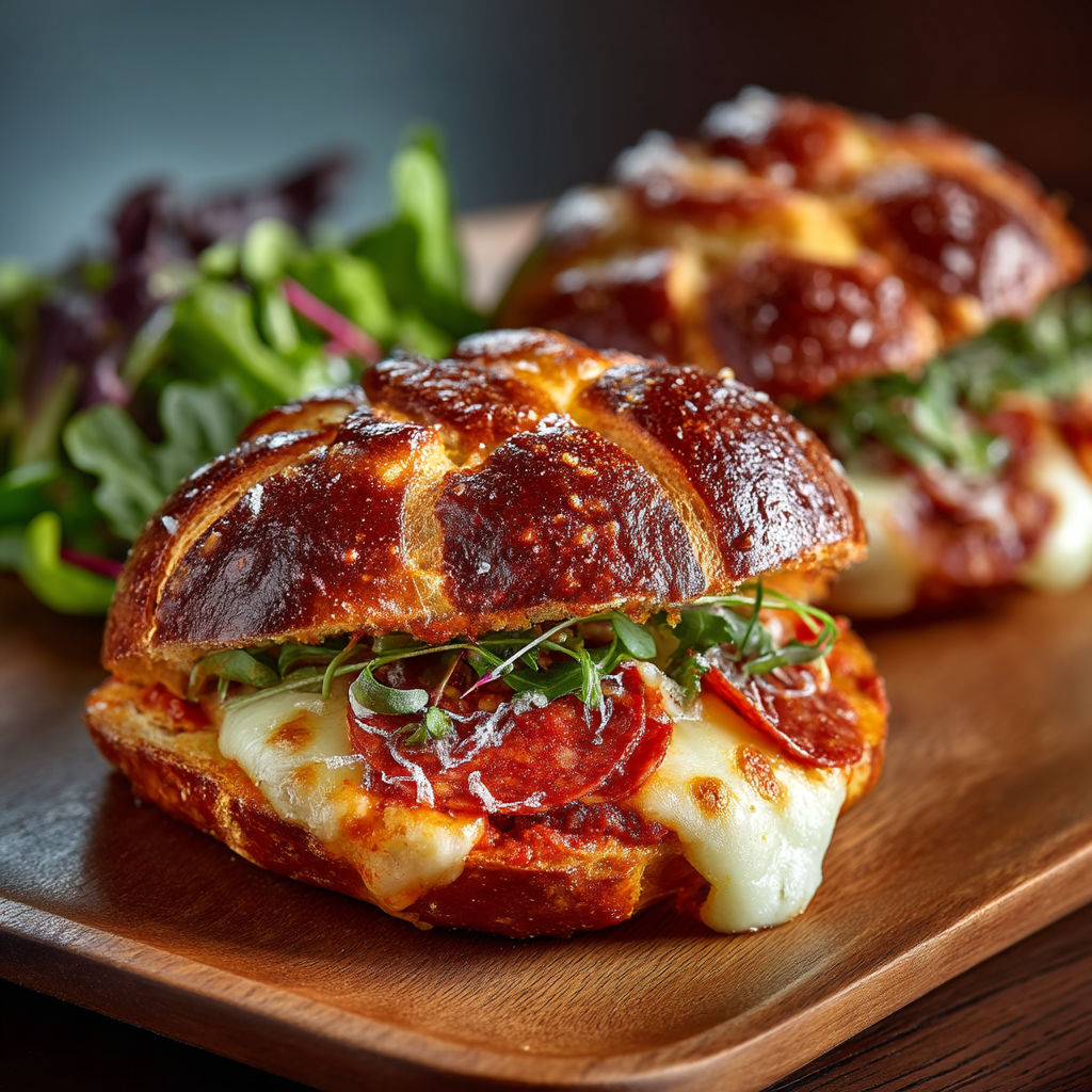 A sandwich with cheese and pepperoni on a wooden board.