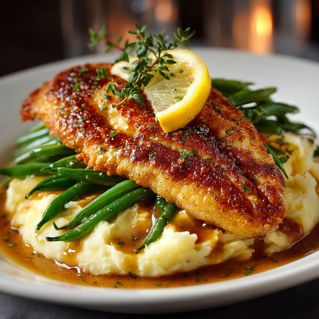 A plate of food with a piece of meat on top of a mound of potatoes.