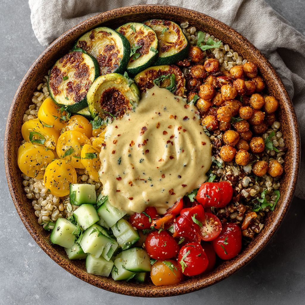 A bowl of food with a variety of vegetables and sauce.