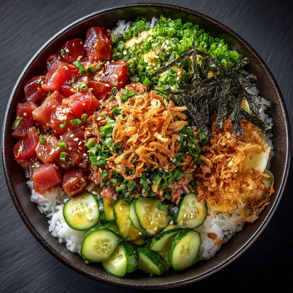A bowl of food with various ingredients including rice, cucumbers, and seaweed.