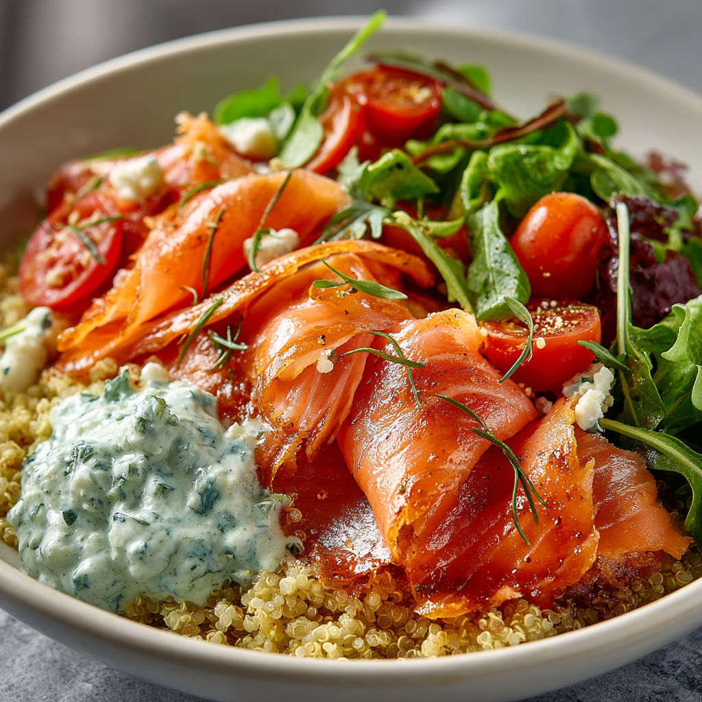 A bowl of food with salmon, tomatoes, and blue cheese.