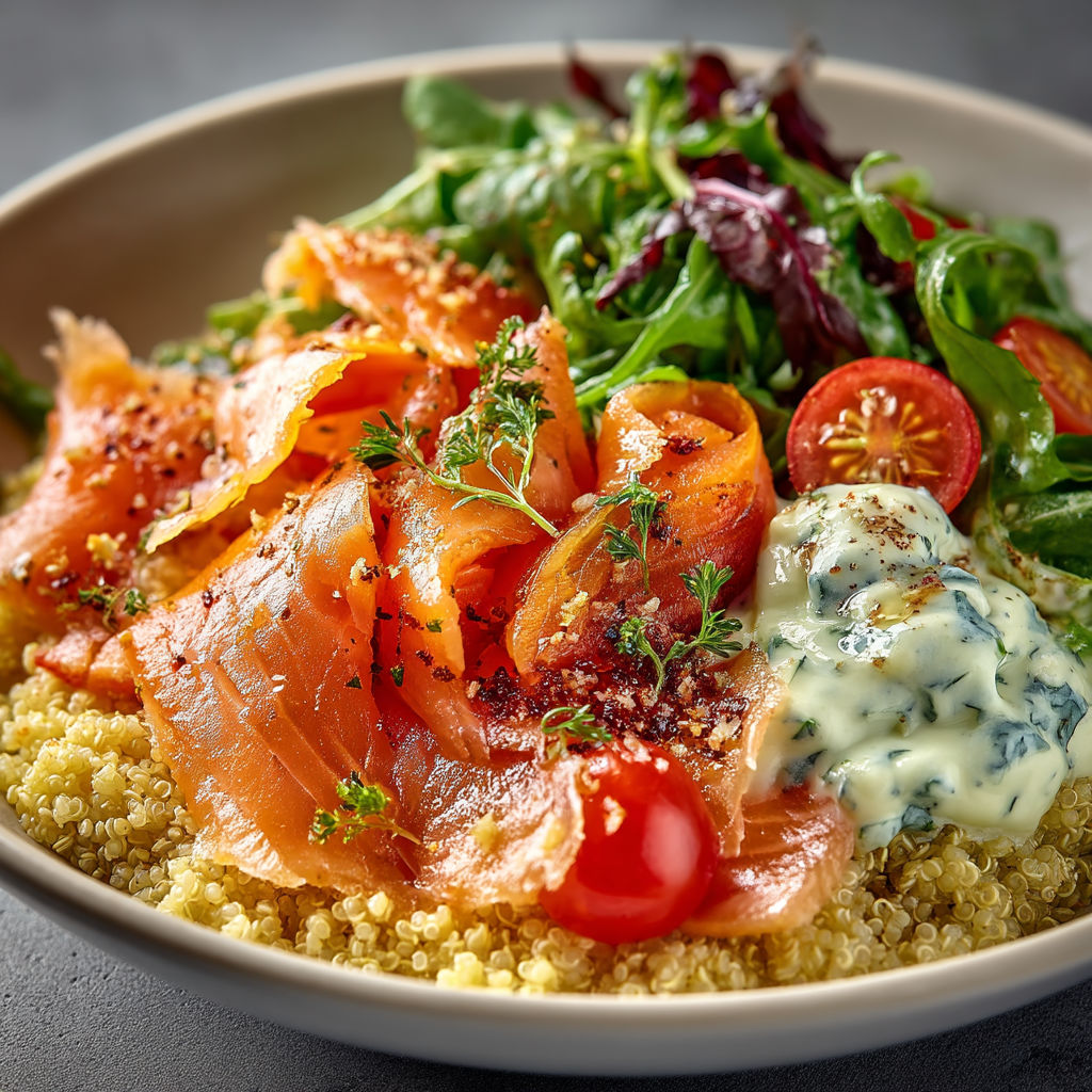 A bowl of food with salad and fish.