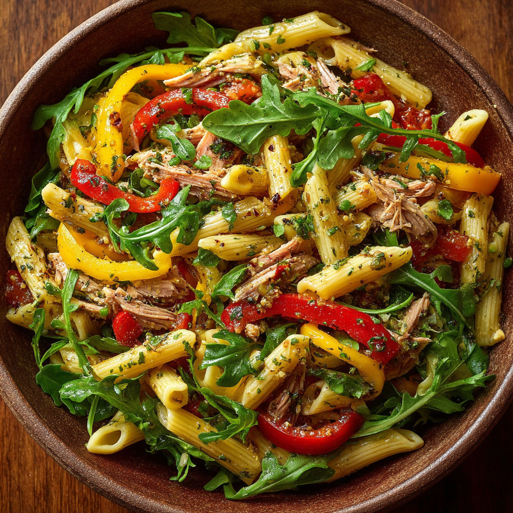 A bowl of pasta salad with tomatoes and spinach.