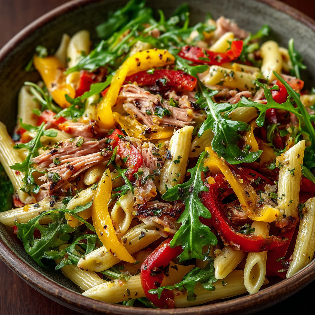 A bowl of pasta with vegetables and meat.