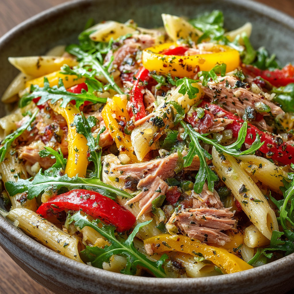 A bowl of pasta with meat and vegetables.